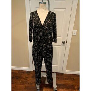 Allison Joy Black & White Speckled 3/4 Sleeve V-Neck Jumpsuit, Size Small